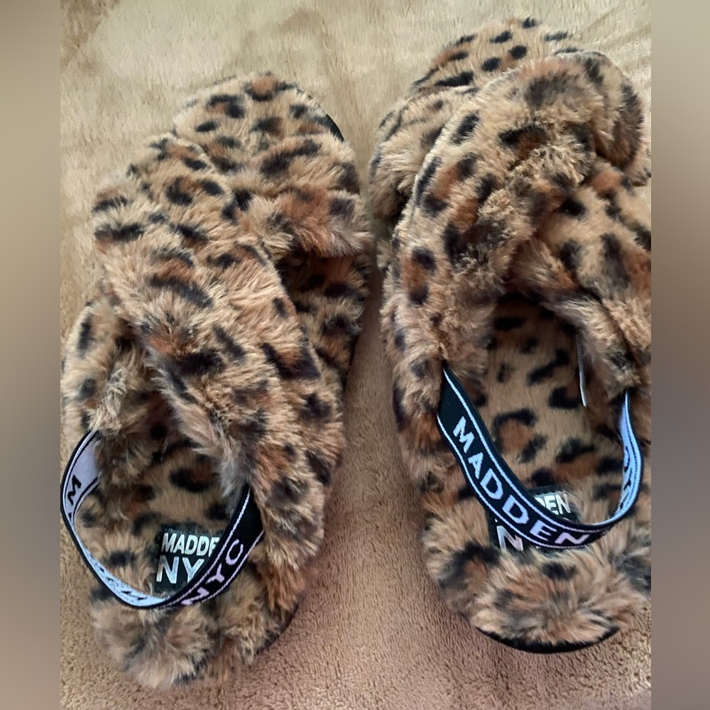 Madden NYC Leopard Print Fuzzy Slippers